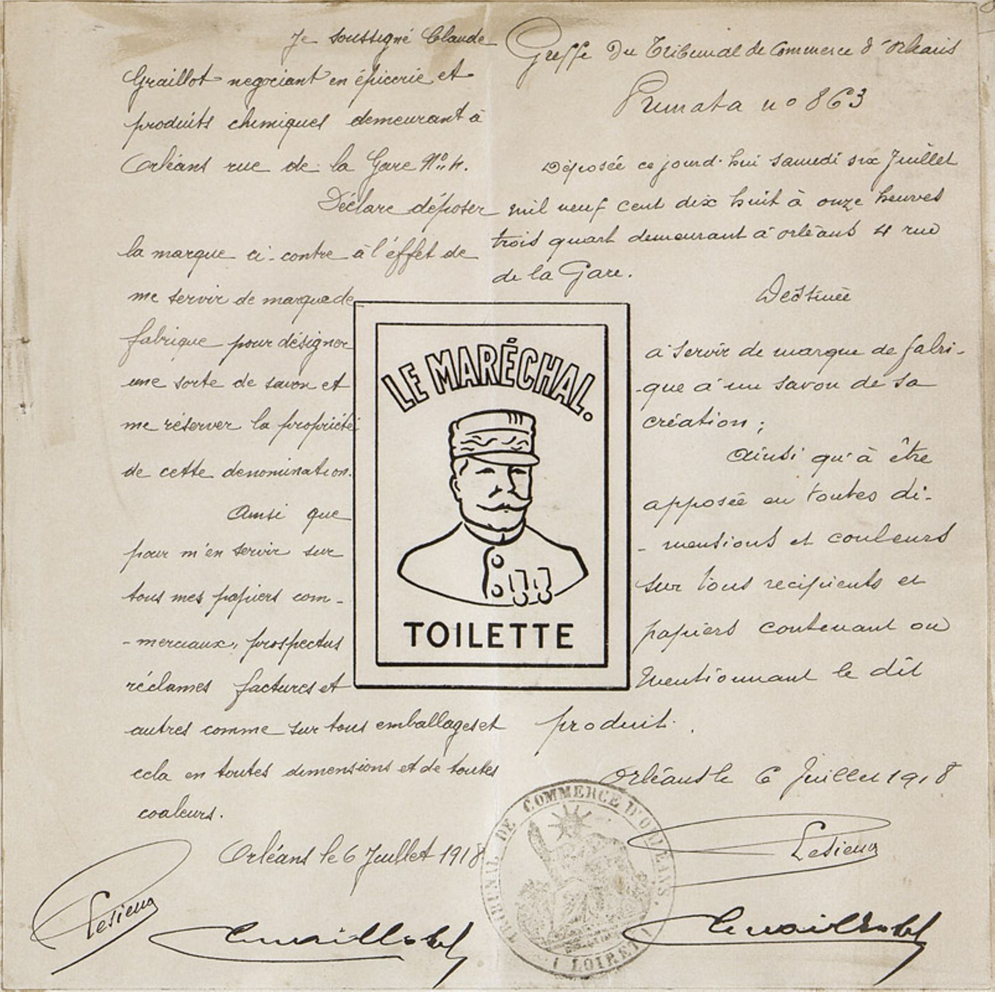 Dépôt, au tribunal de commerce d’Orléans, du modèle de la marque d’eau de toilette "Le Maréchal", 6 juillet 1918.