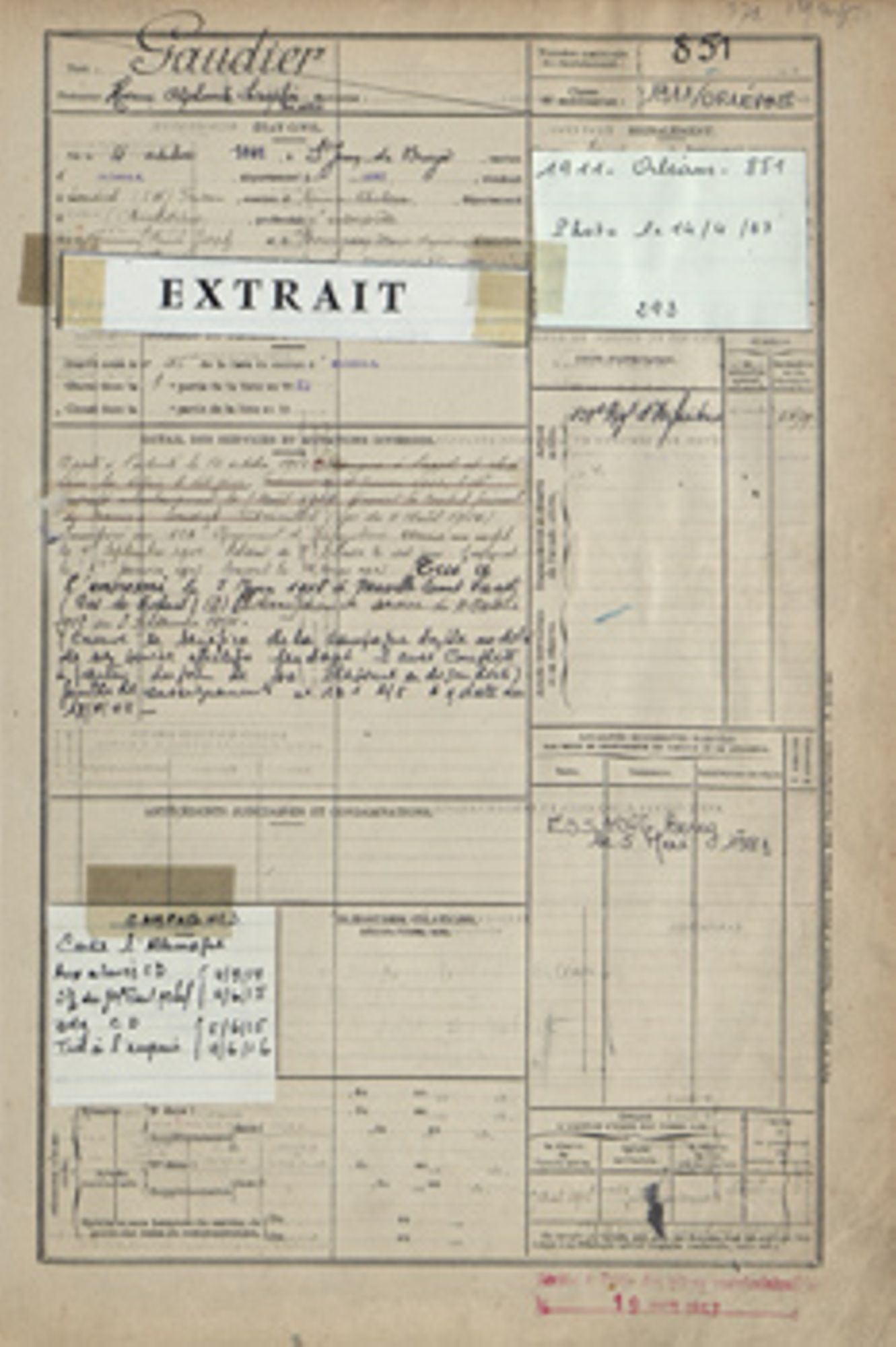   Feuillet matricule mlilitaire d'Henri Gaudier-Brzeska