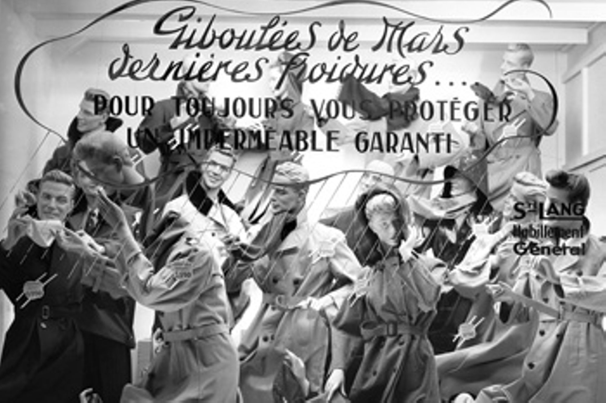 "Les giboulées de mars", vitrine du magasin d'habillement Lang, angle de la rue du Colombier et de la rue des Minimes