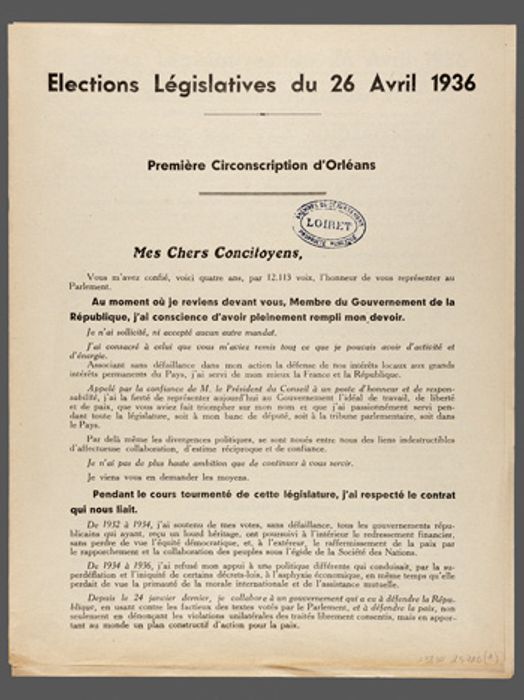 Elections législatives, profession de foi de Jean Zay, 24 avril 1936