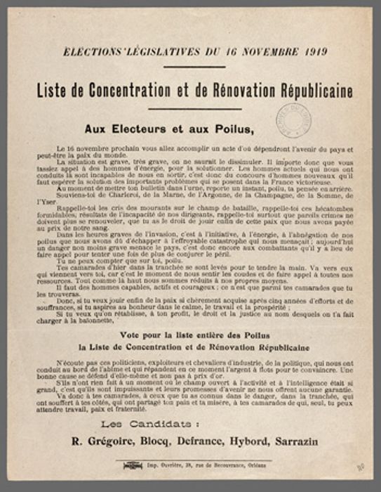 Elections législatives, profession de foi, liste SFIO, 16 novembre 1919