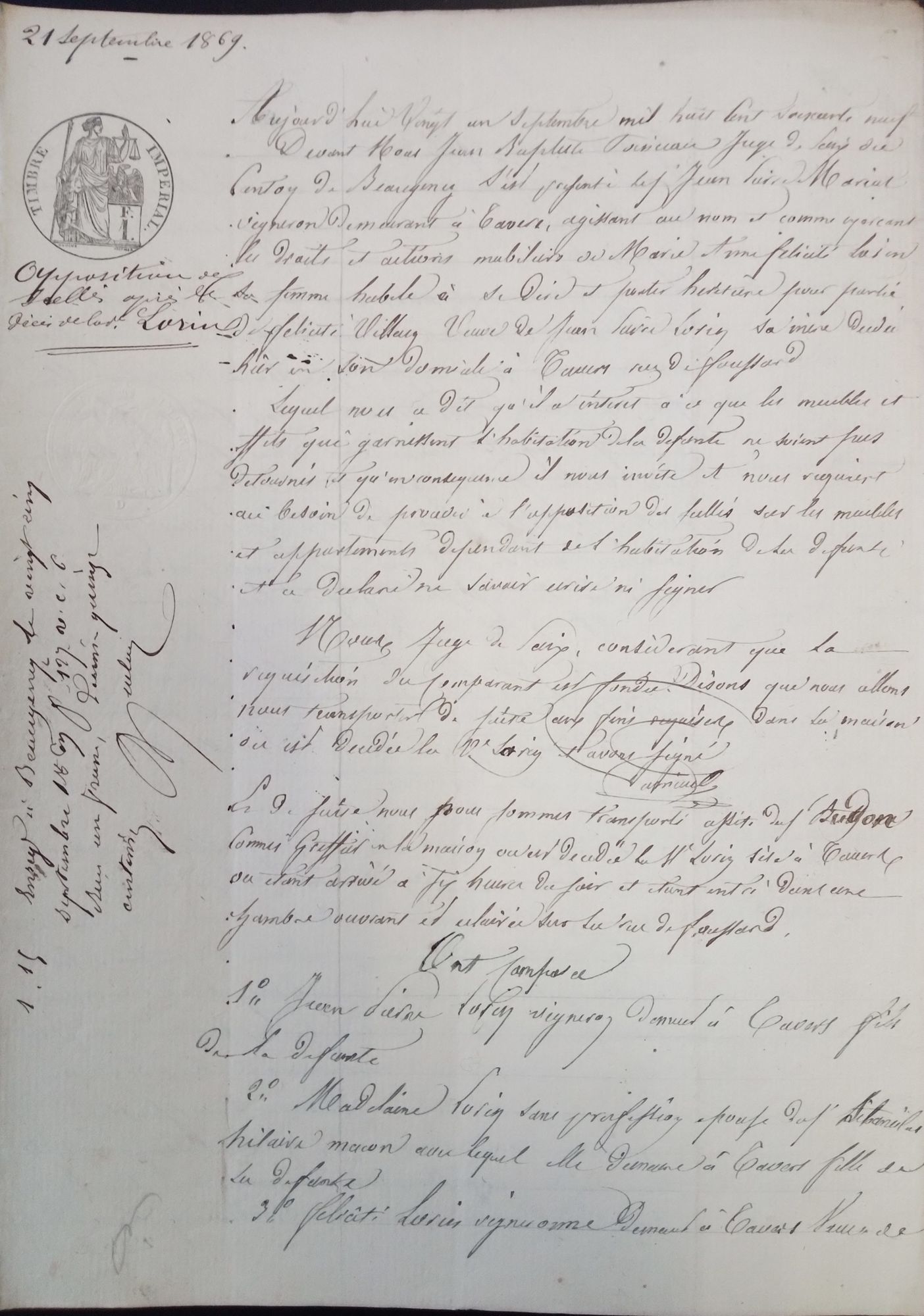 Procès-verbal d’apposition de scellés après le décès de la veuve Lorin (21 septembre 1869)