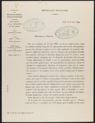 Lettre du ministre des Travaux Publics aux préfets sur les panneaux de signalisation routière, 1899.  (Arch. dép. du Loiret, 1 S 39241)