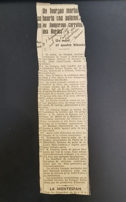Article de journal relatant un accident routier mortel sur la commune des Bordes, [1960].  