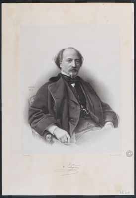 "Antigna" [Jean-Pierre-Alexandre Antigna, peintre, Orléans 1817 - Paris 1878 ; assis, de trois quarts ; fac similé de sa signature sous le portrait]