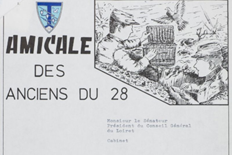Lettre d'information, avec en-tête illustré, de l'amicale des anciens du 28e R.T, 1987.