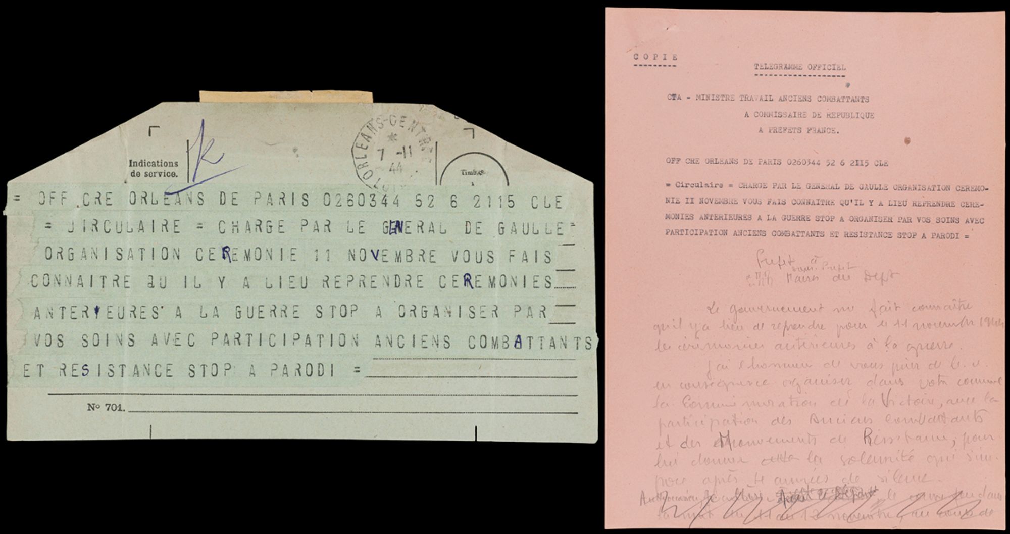 Télégramme officiel et brouillon d'instructions