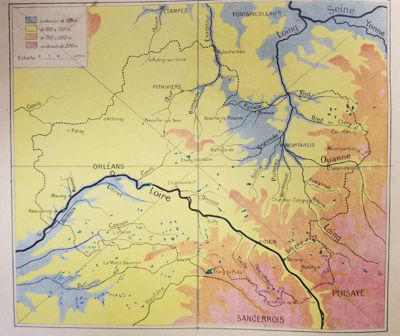 Carte du relief du Loiret issue de l’ouvrage Géographie du département du Loiret par L. Fardet, édition de 1933.