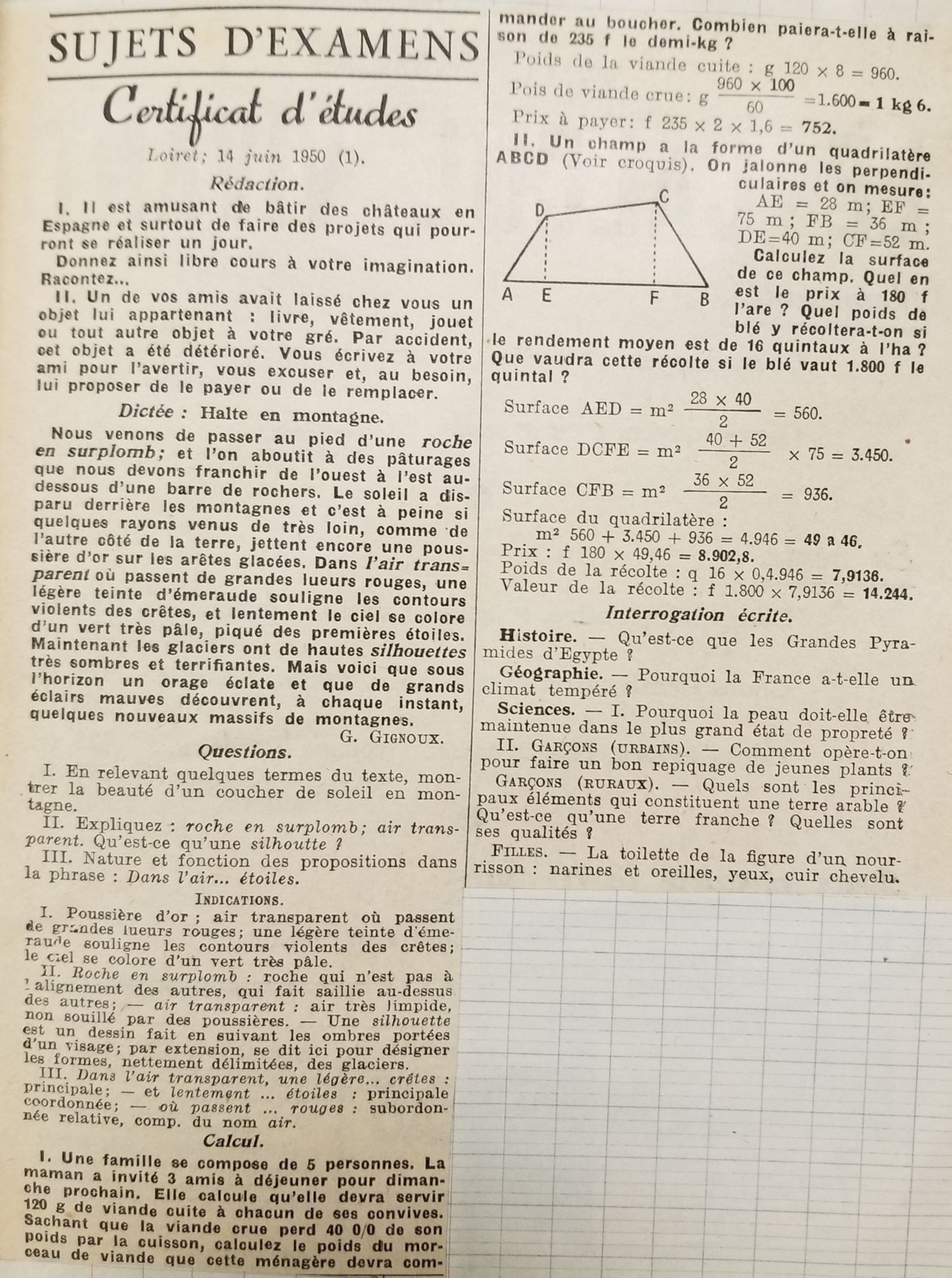 Sujets d’examens du certificat d’étude primaire, centre du Loiret, 1950.