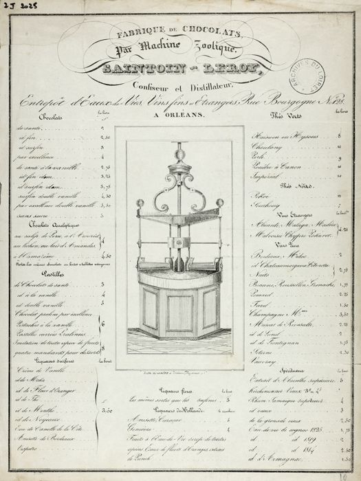 Publicité Saintoin-Leroy avec une lithographie d’une machine zoolique utilisée pour broyer le chocolat, XIXe siècle.