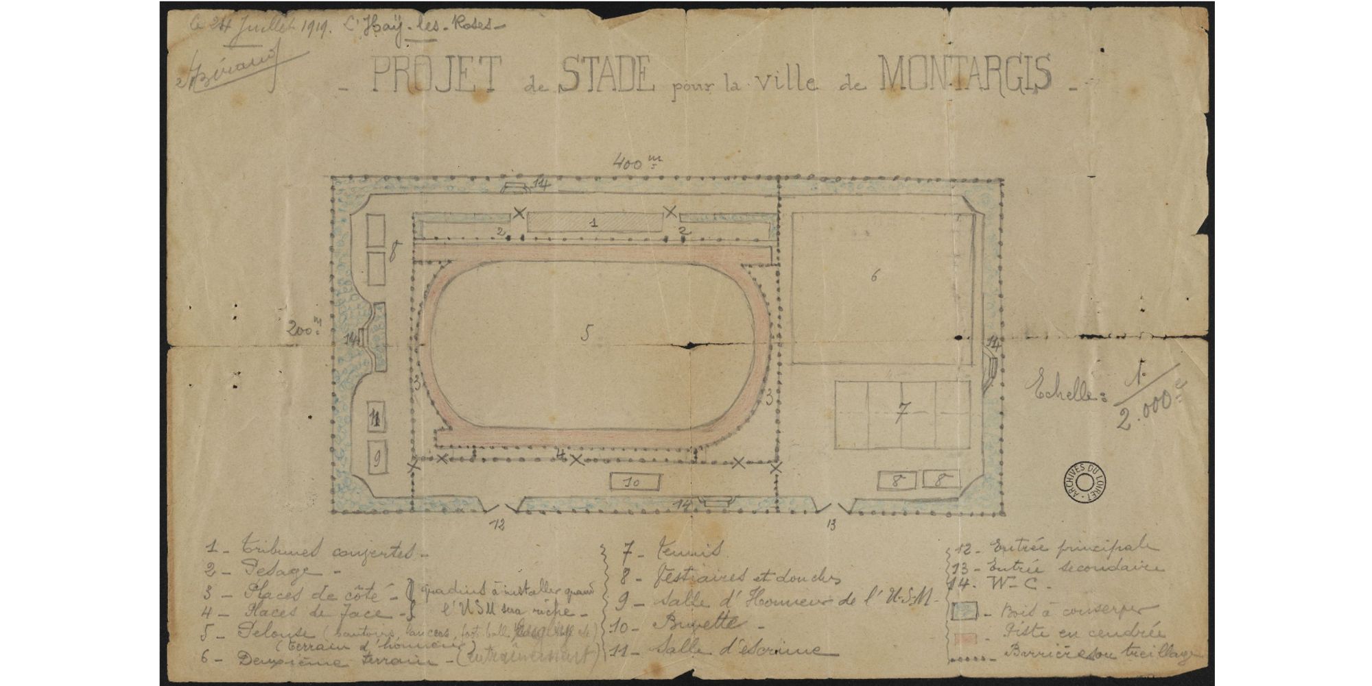 Projet de stade dessiné par Maurice Béraud, juillet 1919.