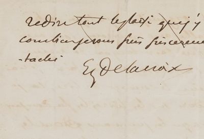 Signature de Ferdinand-Victor-Eugène Delacroix, peintre (1798-1863), dans une lettre adressée à une "chère amie" [Joséphine de Forget] et décrivant son repos au château d'Augerville-la-Rivière, 17 octobre 1862. 