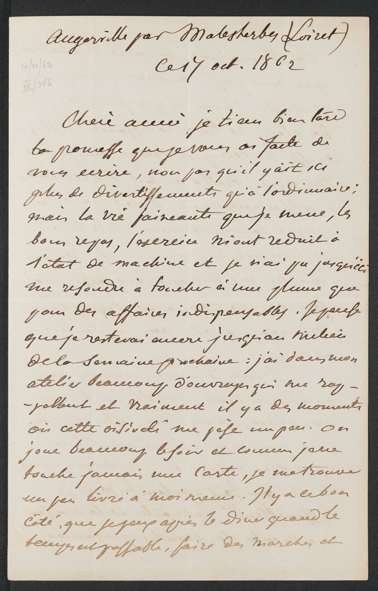 Lettre autographe signée de Ferdinand-Victor-Eugène Delacroix, peintre (1798-1863), adressée à une "chère amie" [Joséphine de Forget] et décrivant son repos au château d'Augerville-la-Rivière, 17 octobre 1862. 