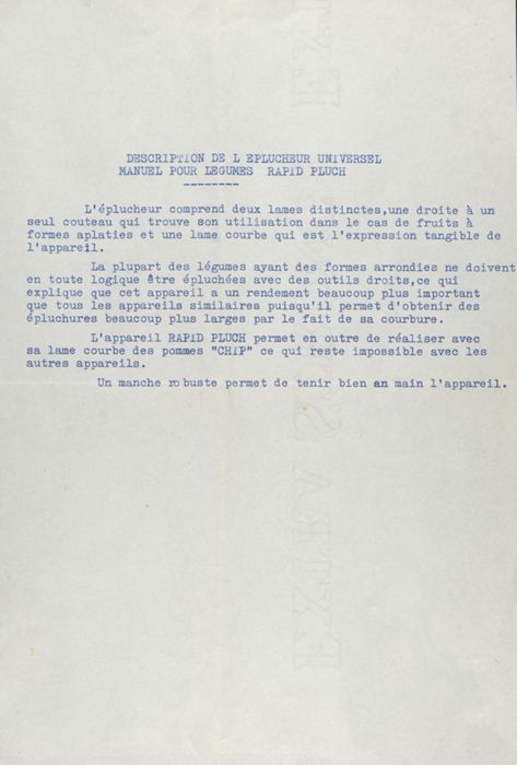 Description de l'éplucheur manuel à légumes déposé par Robert Figeac, électricien à Montargis, le 2 mai 1961.