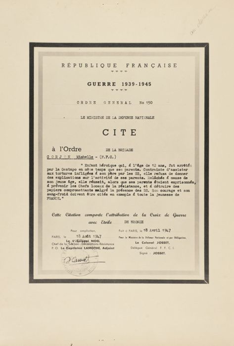 Citation par le ministère de la Défense et attribution de la croix de guerre à Michelle CORJON, 1947
