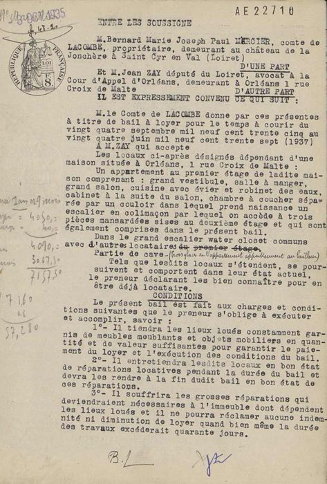 Contrat de location de maison par Jean Zay (3 octobre 1935)