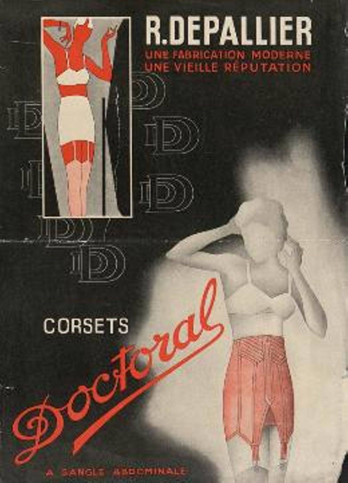 Affiche publicitaire pour le corset Doctoral « à ceinture abdominale » de la société Desjouis-Depallier (début XXe siècle).