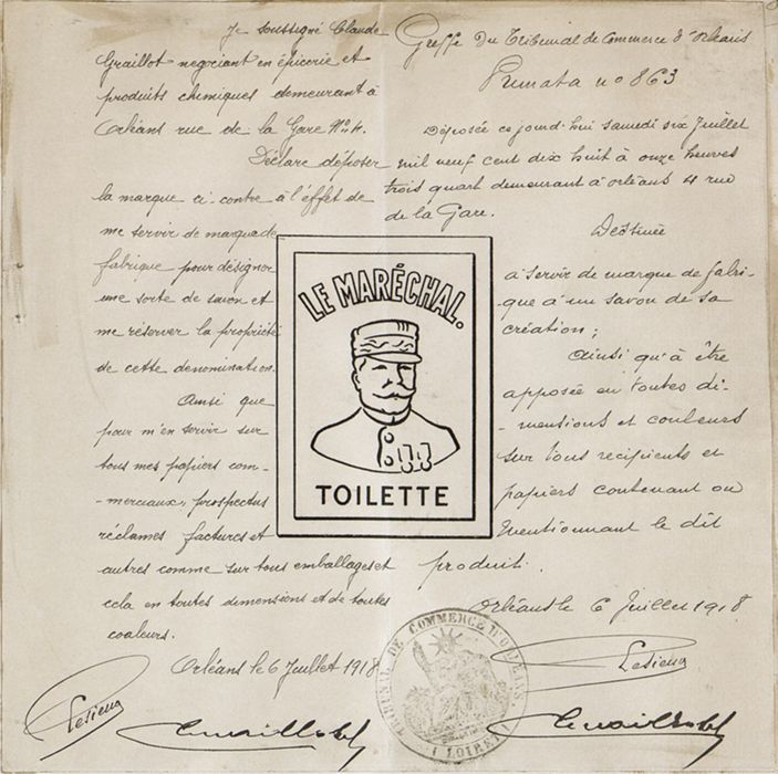 Dépôt, au tribunal de commerce d’Orléans, du modèle de la marque d’eau de toilette "Le Maréchal", 6 juillet 1918.