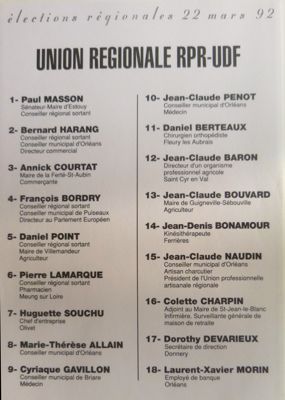 Elections régionales 1992 : bulletin de vote de la liste Rassemblement pour la République et de l'Union pour la Démocratie Française.