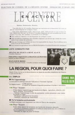 Elections régionales 1992 : profession de foi de la liste du Mouvement des Radicaux de Gauche.