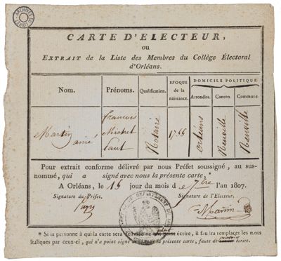 Carte d'électeur, 1807