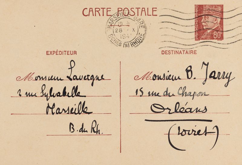 Carte postale de Géraud Lavergne à Bernard Jarry  