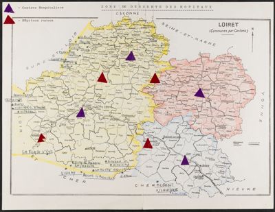 Carte sanitaire du département du Loiret avec la délimitation des 3 zones de desserte hospitalière (1974). La carte sanitaire est instaurée par la loi hospitalière du 31 décembre 1970.