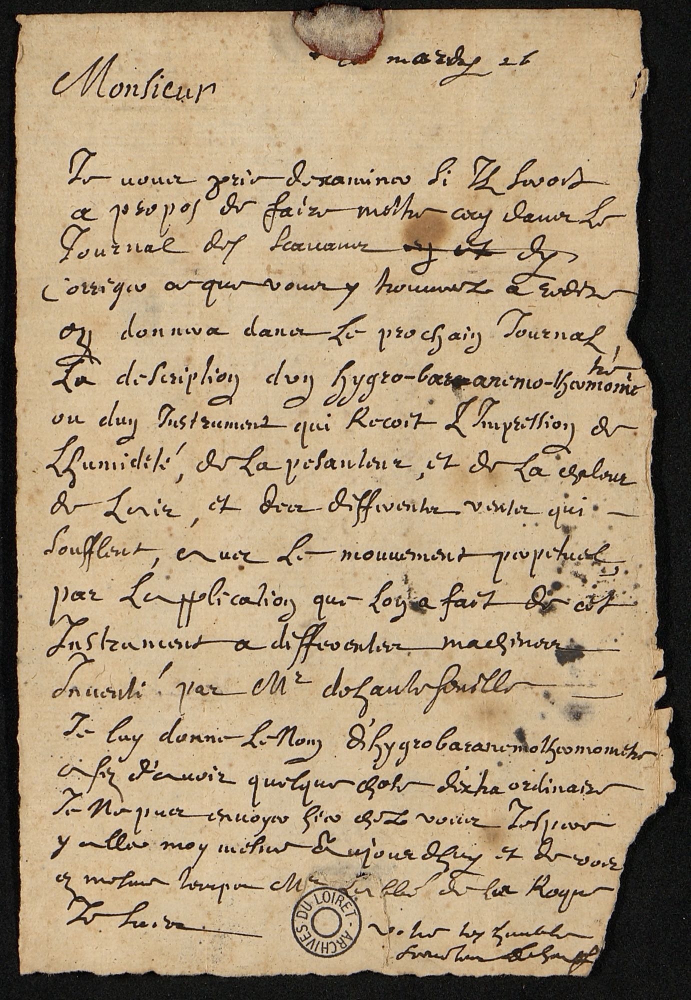 Exemple d'un document étudié au niveau 1 (Arch. dép. du Loiret, 1 J 1854)