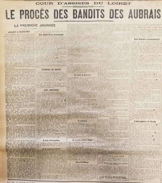 Article du journal le Républicain Orléanais consacré au procès des bandits des Aubrais, février 1921